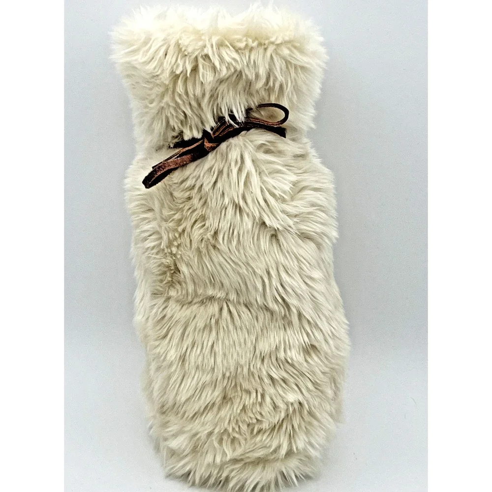 RESTORATION‎ HARDWARE Cream Faux Fur Wine Bag Silky Lining Leather Tie EUC